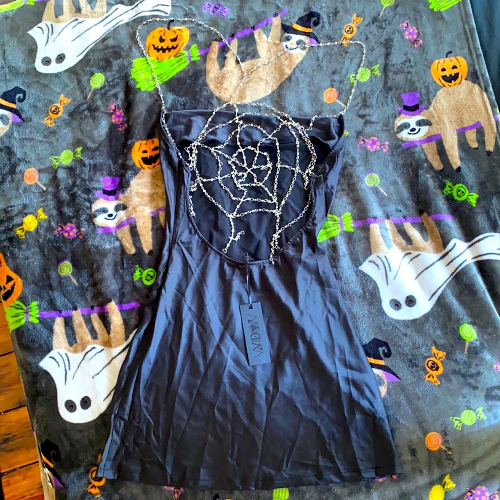Dolls Kill Widow crystal spiderweb satin dress